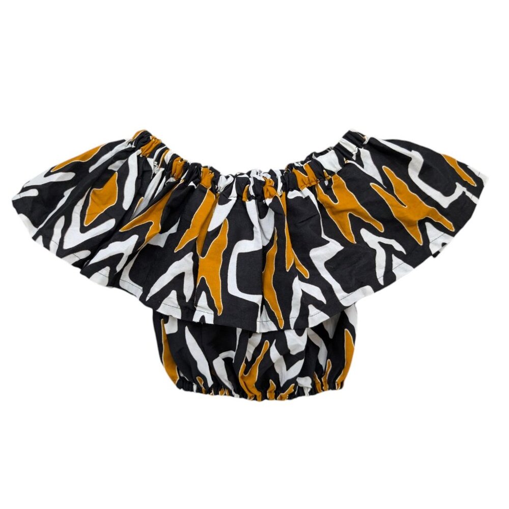 Francis Benedict Crop Top Womens Black Gold African Flutter Sleeve Pullover OS - Picture 5 of 8